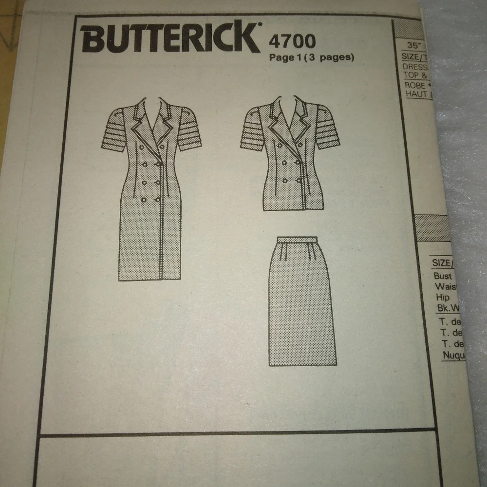 BUTTERICK 4700 SZ 20-22-24 Double breasted Jacket or dress with fantastic sleeve